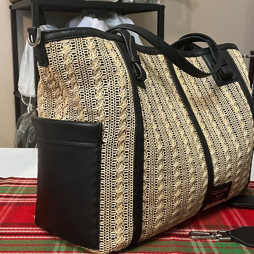 Calvin Klein Black Trim Woven Straw Tote - Picture 6 of 10
